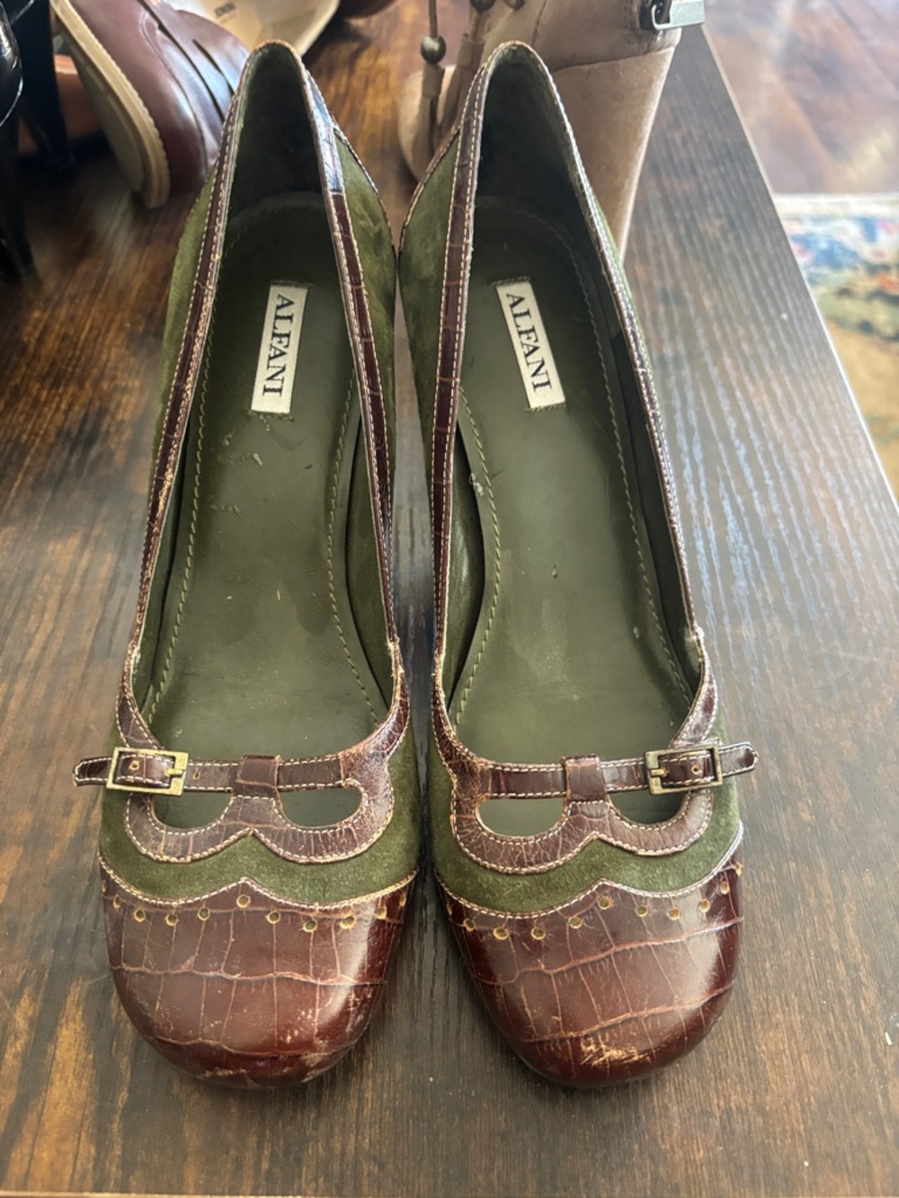 Anthropologie Green and Brown Leather Suede Heels